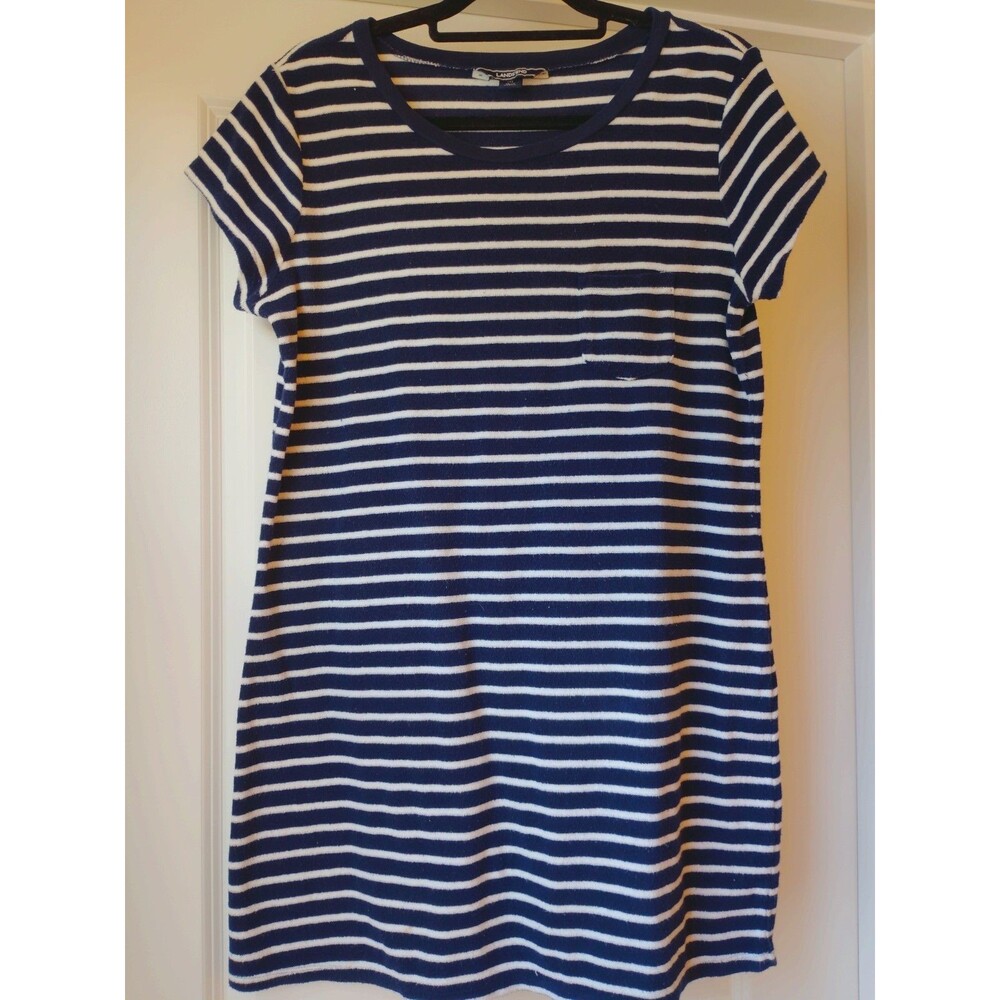 Lands' End Size M Terry cloth T-Shirt Dress Navy White Striped Beach Coverup